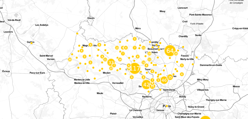  Carte du nombre de film présents tournés dans le Val d’Oise, par ville. https://clombion.cartodb.com/viz/e1885d00-d3a6-11e4-b5a2-0e018d66dc29/public_map